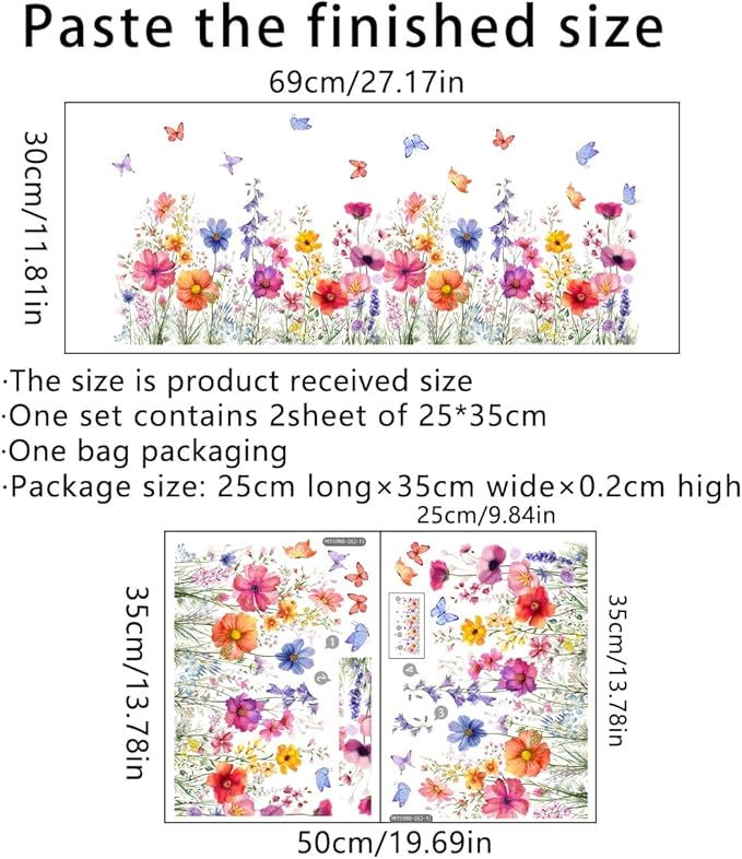2 Pieces Flowers Wall Decals Vinyl Flowers Wall Stickers Removable Floral Murals Peel and Stick Colorful Flower Decor for Girls Bedroom Living Room Nursery (Bright)