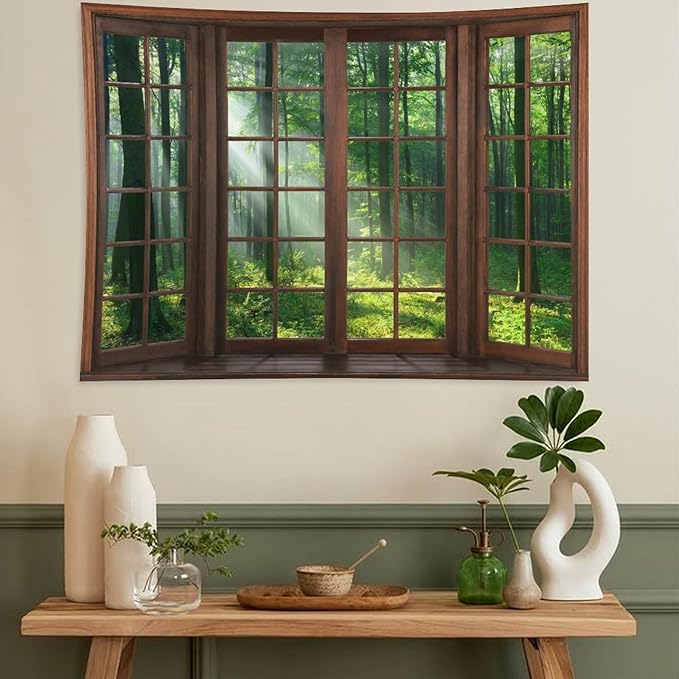 ZhiRain Forest Tapestry Wall Hanging Green Tree Full Scenery Window Jungle Wild Nature Landscape Print Tapestries Home Decor for Living Room Bedroom Apartment Farmhouse Dorm 60"x90"