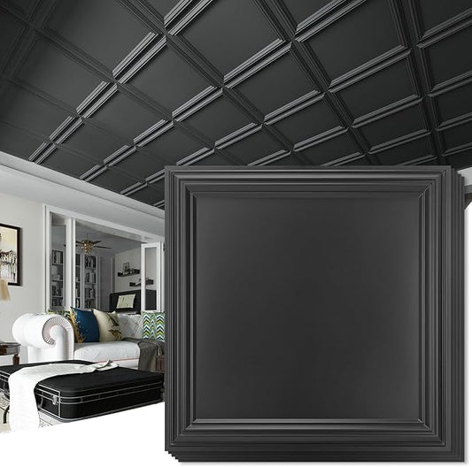 Art3d 24-Pack Drop Relief Ceiling Tiles for Home, Office & Commercial Space, 24 x 24in PVC Waterproof 3D Wall Panels Cover 96 Sq. Ft, Black