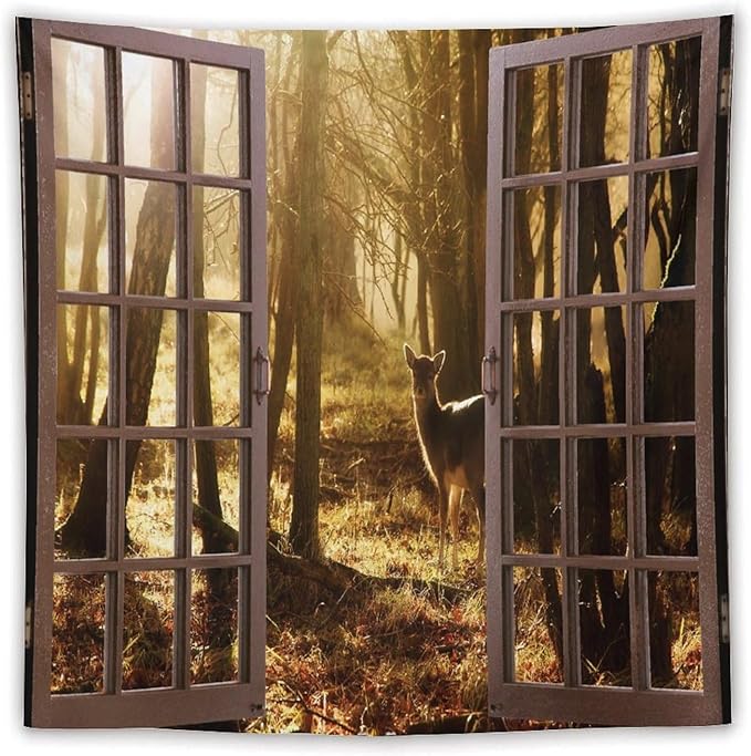ZhiRain Forest Tapestry Wall Hanging Natural Forest And Deer at Sunset Pattern Tapestries Home Decor for Living Room Bedroom Apartment Farmhouse Dorm 60"x60"