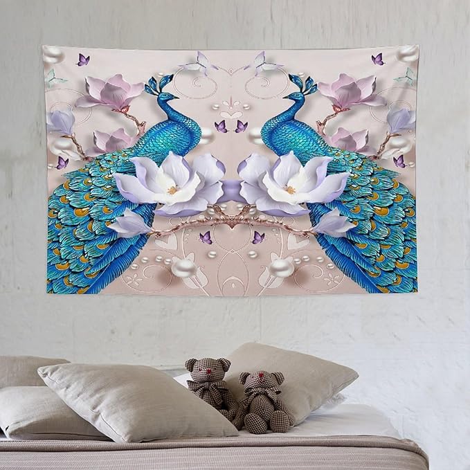 ZhiRain Peacock Tapestry Wall Hanging Beautiful Bird Flower Pearl Watercolor Pattern Print Tapestries Home Decor for Living Room Bedroom Farmhouse Apartment Dorm 40"x60"