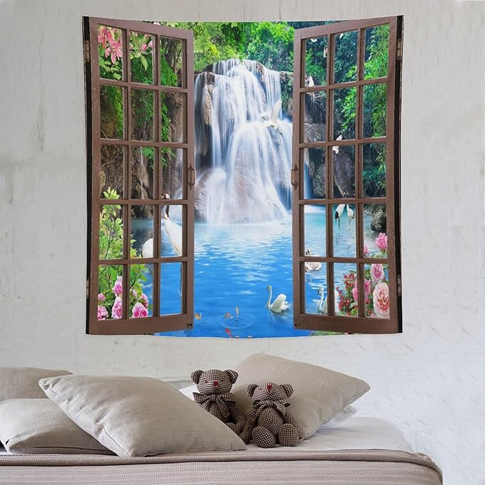ZhiRain Waterfall Landscape Tapestry Wall Hanging Natural Forest Garden Trees And Roses Flower Scenery Tapestries Home Decor for Living Room Bedroom Apartment Farmhouse Dorm 60"x60"