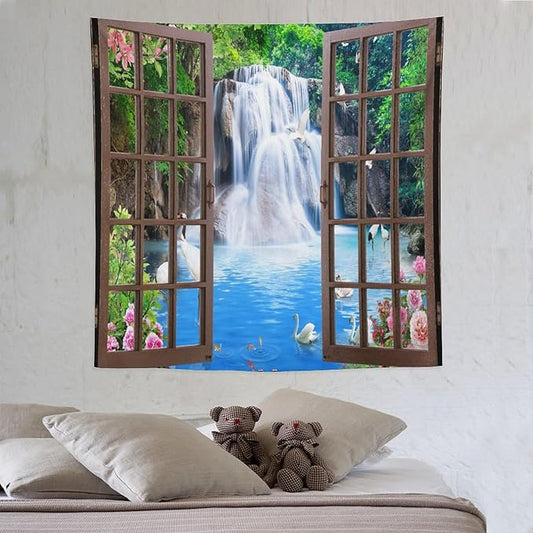 ZhiRain Waterfall Landscape Tapestry Wall Hanging Natural Forest Garden Trees And Roses Flower Scenery Tapestries Home Decor for Living Room Bedroom Apartment Farmhouse Dorm 60"x60"