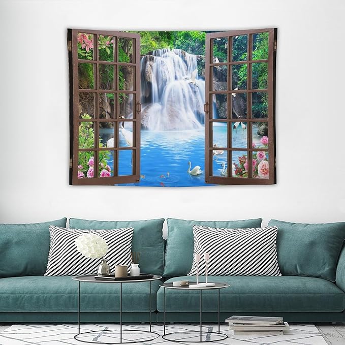 ZhiRain Waterfall Landscape Tapestry Wall Hanging Natural Forest Garden Trees And Roses Flower Scenery Tapestries Home Decor for Living Room Bedroom Apartment Farmhouse Dorm 30"x40"