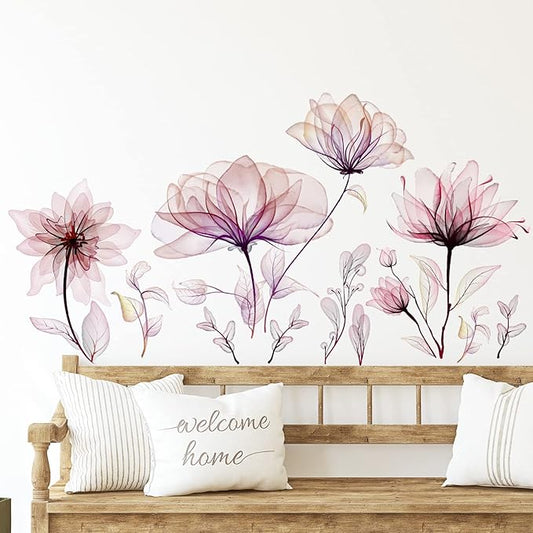 Zonon 6 Pcs Flowers Wall Decals Stickers Vinyl Removable Peel and Stick Colorful Dragonflies Floral Wall Murals Decor for Bedroom Living Room Nursery(Pink Flower)