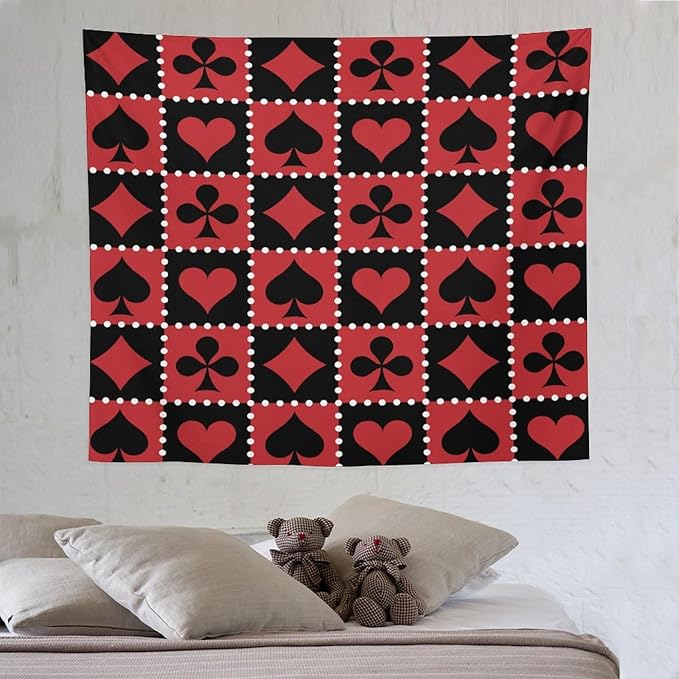 ZhiRain Casino Tapestry Wall Hanging Checkered Rhombus Pattern with Playing Card Gaming Club Theme Tapestries Home Decor for Living Room Bedroom Farmhouse Apartment Dorm 50"x60"