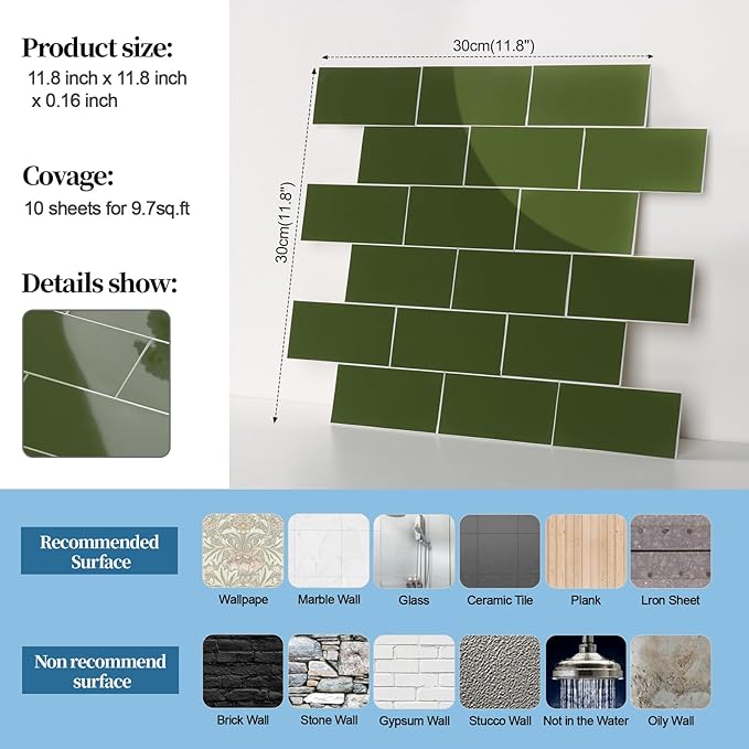 10-Pack Peel and Stick Tile Backsplash 12"X12" PVC Wall Tiles, Stick on Backsplash for Kitchen, Bathroom Tile, Fireplace Décor, Laundry Table, Stair Decals in Polished Green