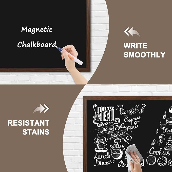 4 THOUGHT Chalk Board 36" x 48", Magnetic Large Chalkboard for Wall Rustic Blackboard Hanging Chalkboards Sign Menu Board for Kitchen Decor Office Home School 4 Markers 8 Magnets, Brown