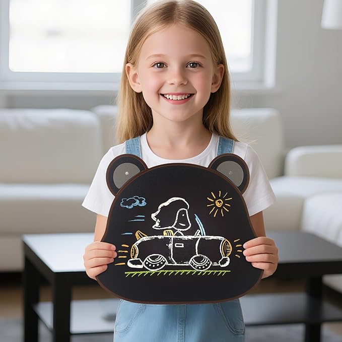 12‘’×10‘’ Wooden Double Sided Hanging Chalkboard Sign, Erasable Kids Chalkboard with Hanging String, 4 Chalks, 2 Hooks,1 Eraser, Message Blackboard Sign for Store Classroom Office Outdoor (Bear)