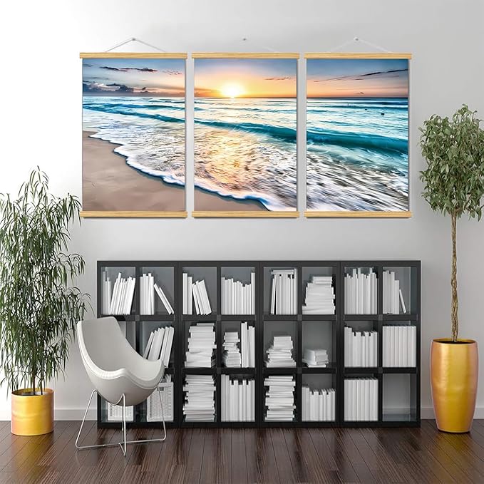 3pcs Beach Canvas Wall Art, Canvas Art with Frames, For Office Home Decor Bedroom Living Room Wall Decor. (Blue Beach, 29L x 20W, Framed)