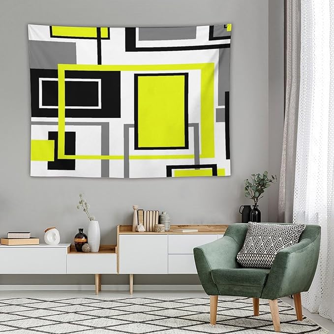 ZhiRain Yellow Geometric Tapestry Wall Hanging Yellow Modern Black And Gray Tapestries Home Decor for Living Room Bedroom Farmhouse Apartment Dorm 60"x80"