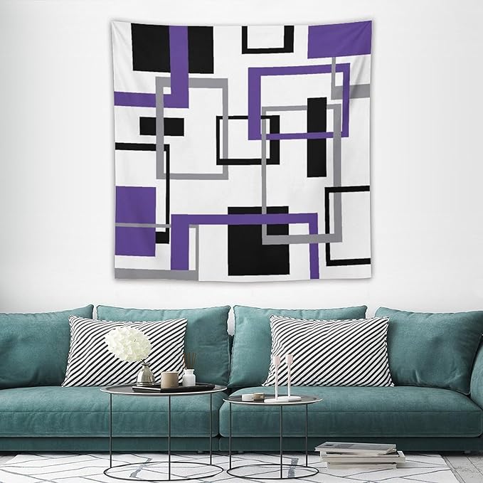 ZhiRain Purple Tapestry Wall Hanging Mid Century Modern Geometric Abstract Lavender Black Grey Square White Backdrop Tapestries Home Decor for Living Room Bedroom Apartment Farmhouse 60"x60"
