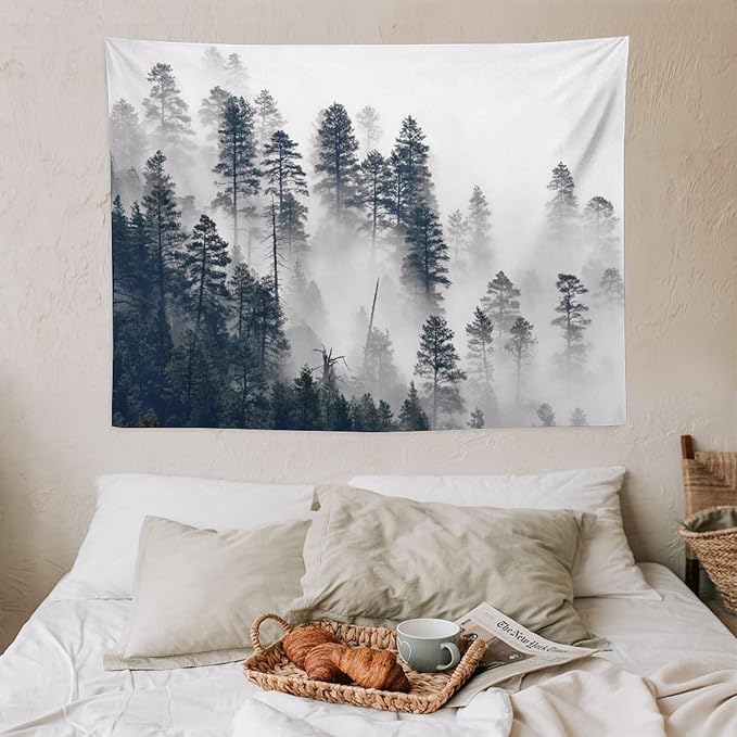 ZhiRain Misty Forest Landscape Tapestry Wall Hanging Wooden Window Forest Mountain Rustic Tapestries Home Decor for Living Room Bedroom Apartment Farmhouse Dorm 30"x40"