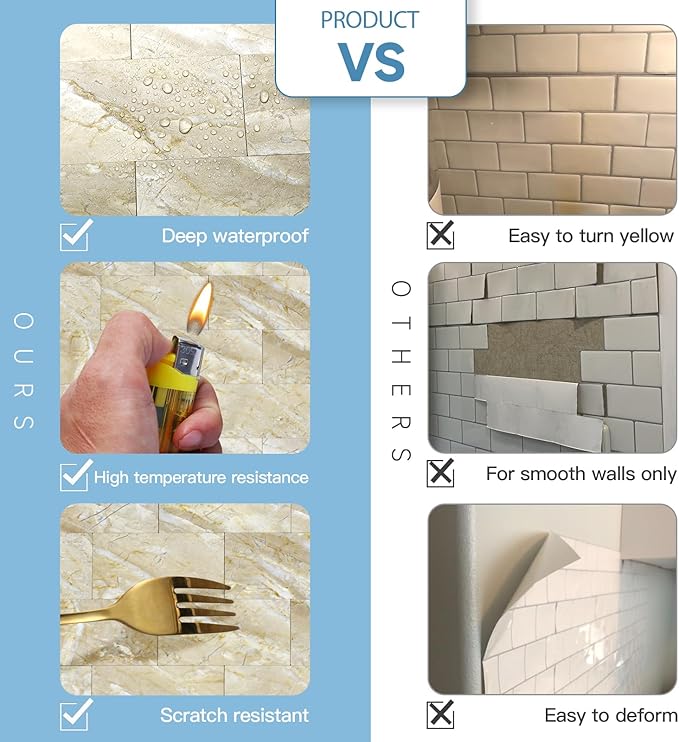 1-Pack Peel and Stick Tile Backsplash 12"X12" PVC Wall Tiles, Stick on Backsplash for Kitchen, Bathroom Tile, Fireplace Décor, Laundry Table, Stair Decals in Polished Beige