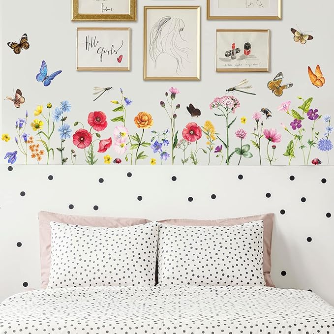 6 Pieces Flowers Wall Decals Vinyl Flowers Wall Stickers Removable Floral Murals Peel and Stick Colorful Flower Decor for Girls Bedroom Living Room Nursery (Butterfly and Dragonfly)