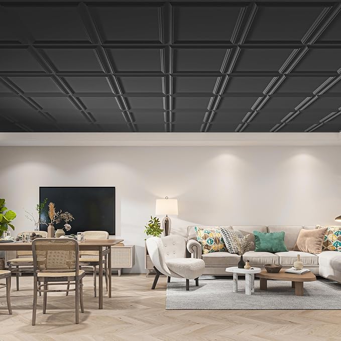 Art3d 12-Pack Drop Relief Ceiling Tiles for Home, Office & Commercial Space, 24 x 24in PVC Waterproof 3D Wall Panels Cover 48 Sq. Ft, Black