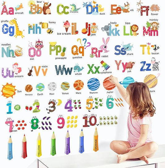 Animal Alphabet Numbers Colour Decals Stickers, ULENDIS ABC Letters Pens Space Planets Educational Wall Decals, Peel and Stick Removable Wall Decors for Toddlers Classroom Bedroom Nursery Playroom