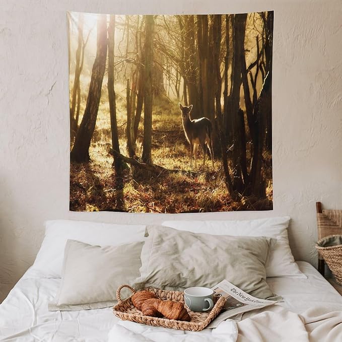 ZhiRain Forest Tapestry Wall Hanging Natural Forest And Deer at Sunset Pattern Tapestries Home Decor for Living Room Bedroom Apartment Farmhouse Dorm 60"x60"