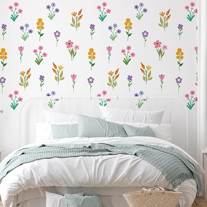 Zonon 6 Pcs Flowers Wall Decals Stickers Vinyl Removable Peel and Stick Colorful Dragonflies Floral Wall Murals Decor for Bedroom Living Room Nursery(Small Flower)