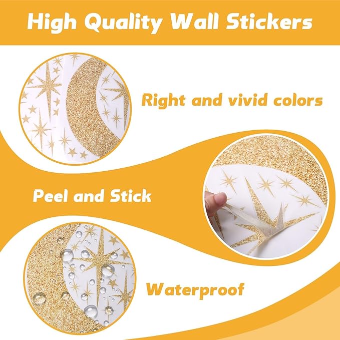 104 Pcs Star and Moon Wall Decals - Peel and Stick Window Clings Glitter Stars Wall Stickers for Living Room, Bedroom, Nursery Decor