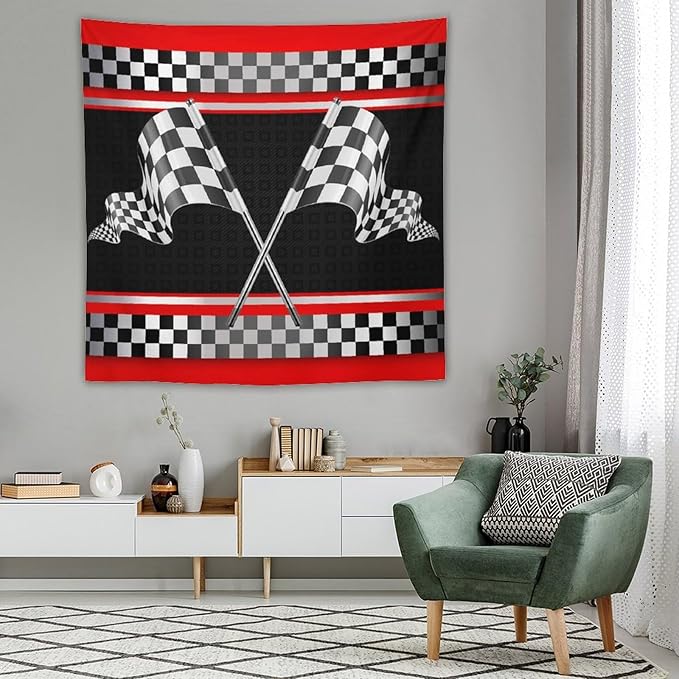 ZhiRain Race Car Flag Tapestry Wall Hanging Abstract Modern Art Racing Car Black White Checked Flag Tapestries Home Decor for Living Room Bedroom Apartment Farmhouse Dorm 60"x60"