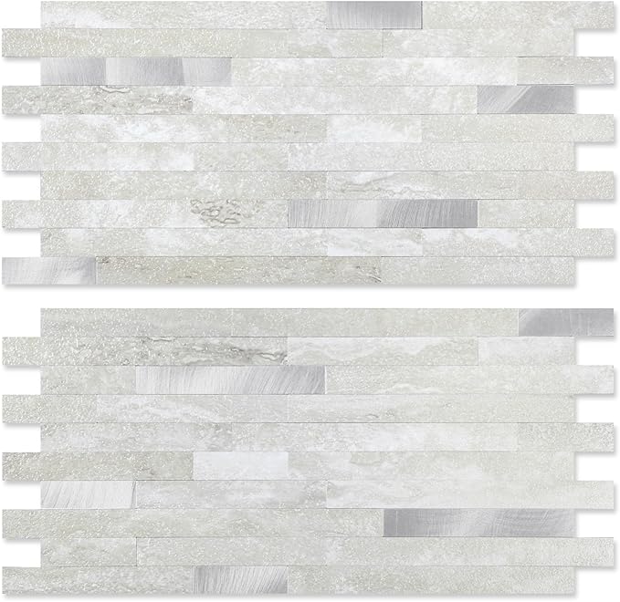 Yipscazo 20 Sheets Peel and Stick Stone Metal Backsplash, PVC Wall Tiles Stick on Tiles for Backsplash Kitchen, Bathroom, Laundry Room, Camper, Fireplace (6'' X 12'', Gray Beige)