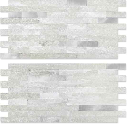 Yipscazo 20 Sheets Peel and Stick Stone Metal Backsplash, PVC Wall Tiles Stick on Tiles for Backsplash Kitchen, Bathroom, Laundry Room, Camper, Fireplace (6'' X 12'', Gray Beige)