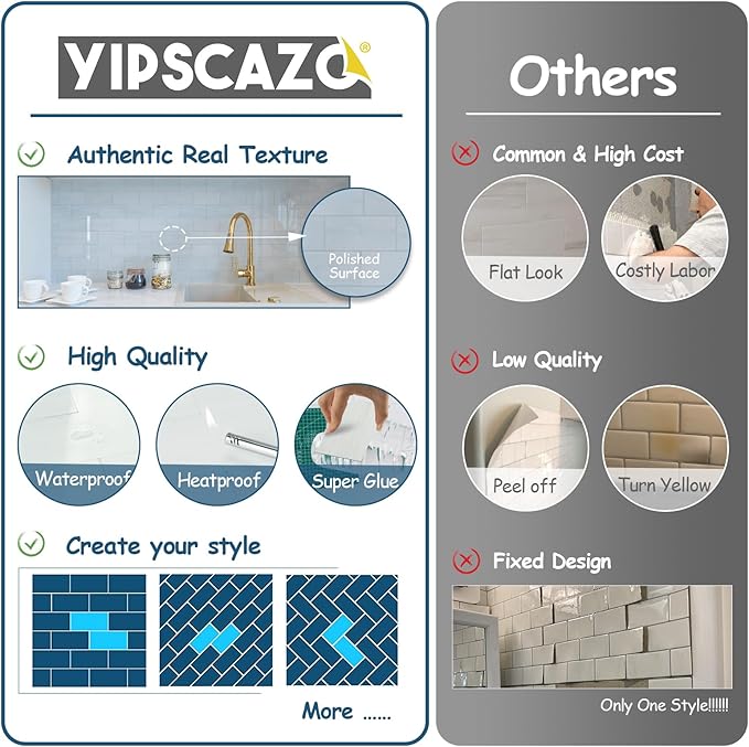 Yipscazo 2025 New Upgrade Peel and Stick backsplash 3 x 6 Inches 3D PVC Composite Wall Tile Stick on Backsplash Tile for Kitchen Bathroom (Polished Marble White Grey, 160 Pieces)