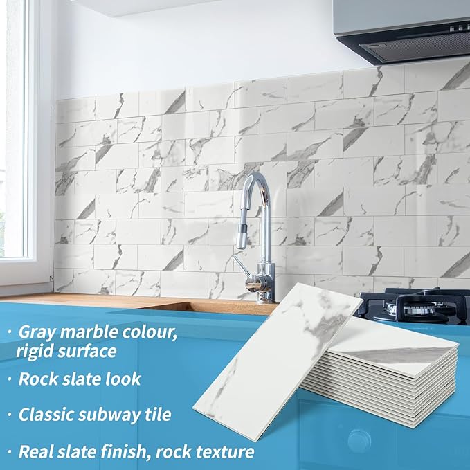 Art3d 102-Piece Faux Stone Peel and Stick Backsplash Tile, Waterproof Thick PVC Stick On Subway Wall Tile for Kitchen Bathroom Laundry Room Fireplace - 3" x 6" Gray Marble