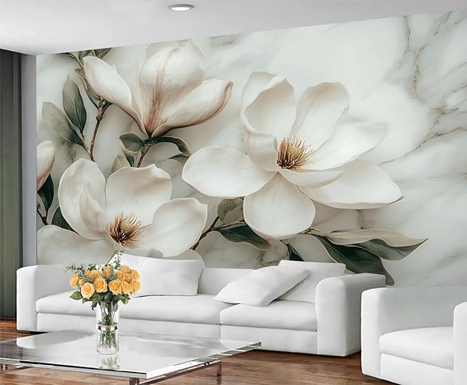 White Magnolia Flower Wall Mural, Vintage Floral Art Mural Wallpaper, Abstract Gray and White Marble Texture Large Wallpaper for Bedroom Living Room Wall Decor 197" W x 118" H