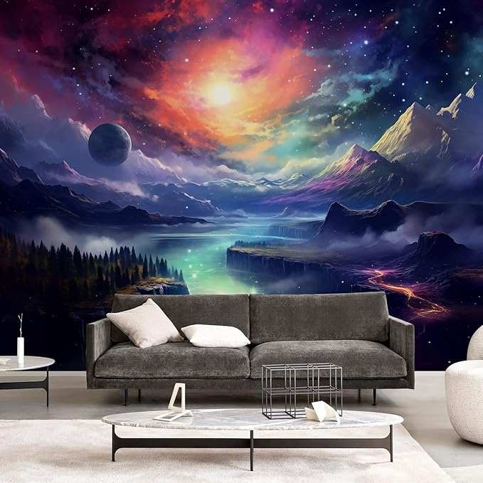Zeeko Fantasy Galaxy Mountain Wall Mural Peel and Stick 148" W x 98" H Colorful Canvas Waterproof Self Adhesive Removable Wallpaper for Gaming Room Bedroom Large Wall Decor
