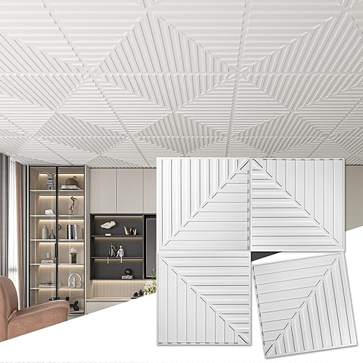 Art3d 24-Pack Drop Ceiling Tiles 2x2 FT, PVC 3D Textured Panels for Interior Wall Decor Living Room Bedroom Office, 24x24 Inch, White