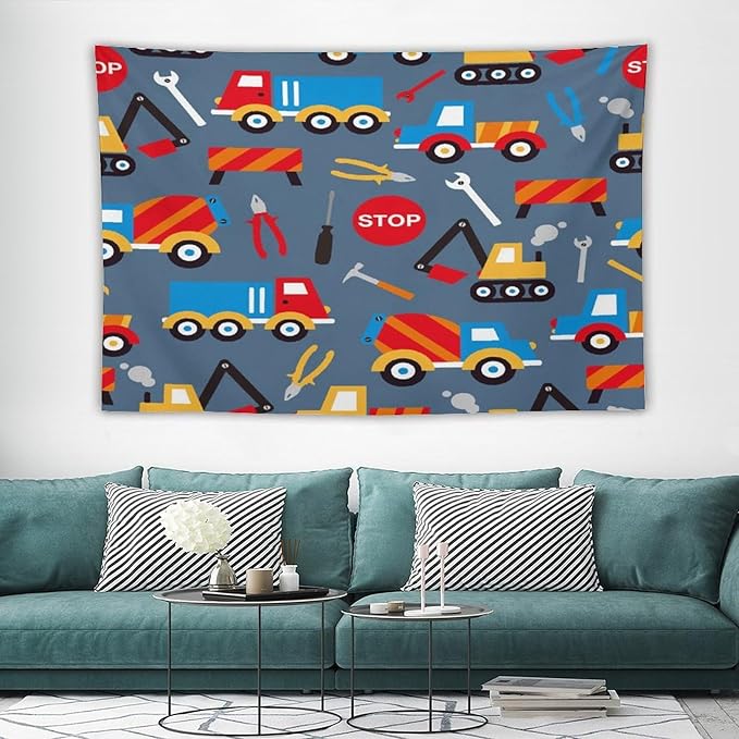 ZhiRain Cartoon Bulldozer Truck Tapestry Wall Hanging for Kids Bedroom, Cartoon Tractor Tapestries Home Decor for Living Room Bedroom Apartment Farmhouse Dorm 60"x90"