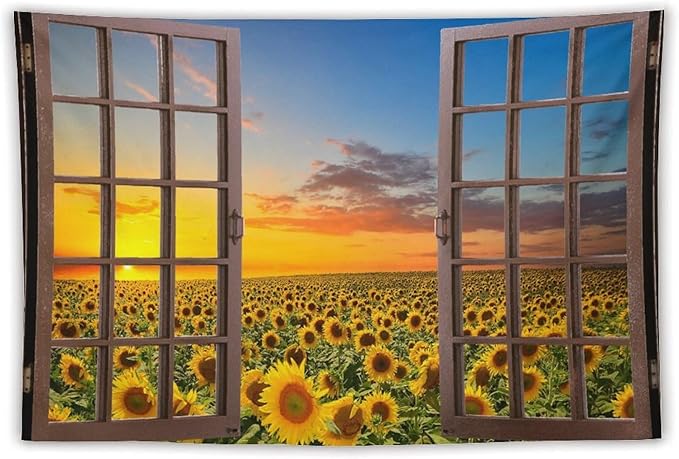 ZhiRain Sunflowers Scenery Tapestry Wall Hanging Through The Window Fields Sunset Landscape Tapestries Home Decor for Living Room Bedroom Apartment Farmhouse Dorm 60"x90"
