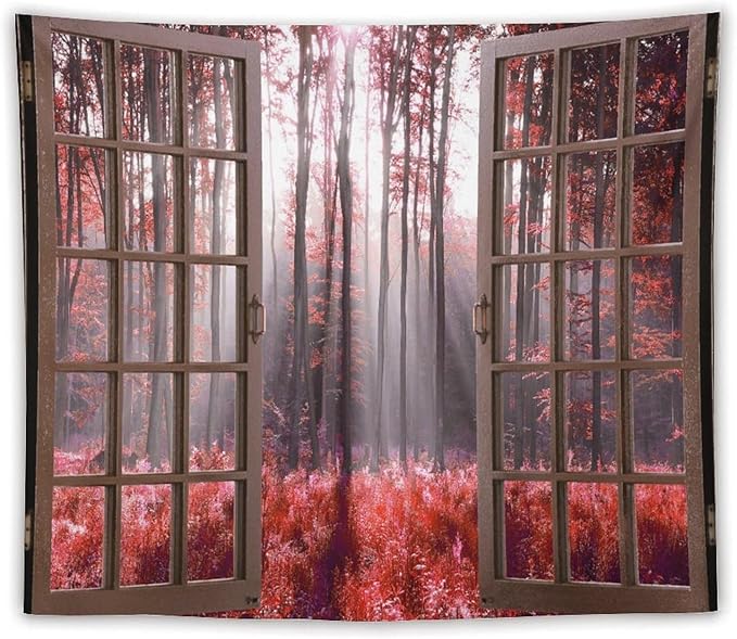 ZhiRain Red Forest Tapestry Wall Hanging Season Foggy Nature And Enchanted Woods Wild Trees Print Tapestries Home Decor for Living Room Bedroom Apartment Farmhouse Dorm 50"x60"