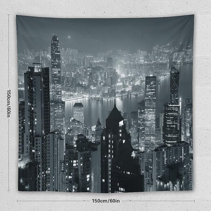 ZhiRain City Tapestry Wall Hanging Aerial Night View Hong Kong Skyline Modern Famous Urban Town Tapestries Home Decor for Living Room Bedroom Apartment Farmhouse Dorm 60"x60"