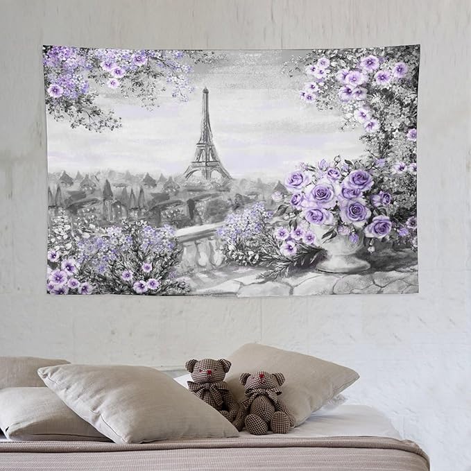 ZhiRain Vintage Paris Tapestry Wall Hanging Eiffel Tower Purple Rose Flower Spring Cityscape Gray Tapestries Home Decor for Living Room Bedroom Apartment Farmhouse Dorm 40"x60"