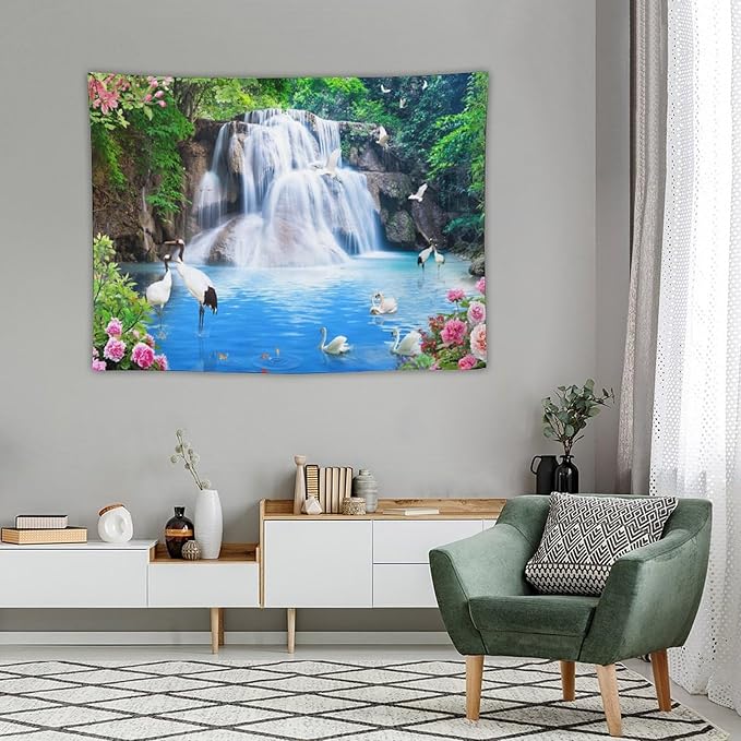 ZhiRain Waterfall Landscape Tapestry Wall Hanging Natural Forest Garden Trees And Roses Flower Scenery Tapestries Home Decor for Living Room Bedroom Apartment Farmhouse Dorm 30"x40"