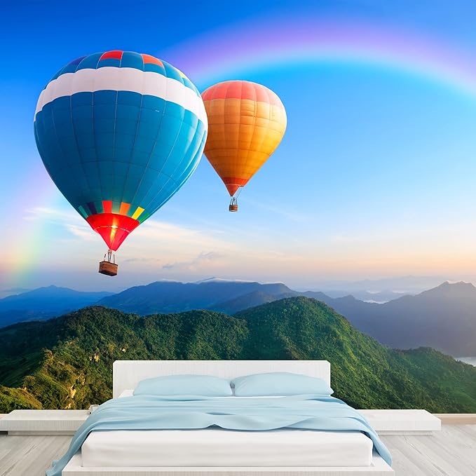 wall26 Colorful Hot-Air Balloons Flying Over The Mountain - Removable Wall Mural | Self-Adhesive Large Wallpaper - 66x96 inches