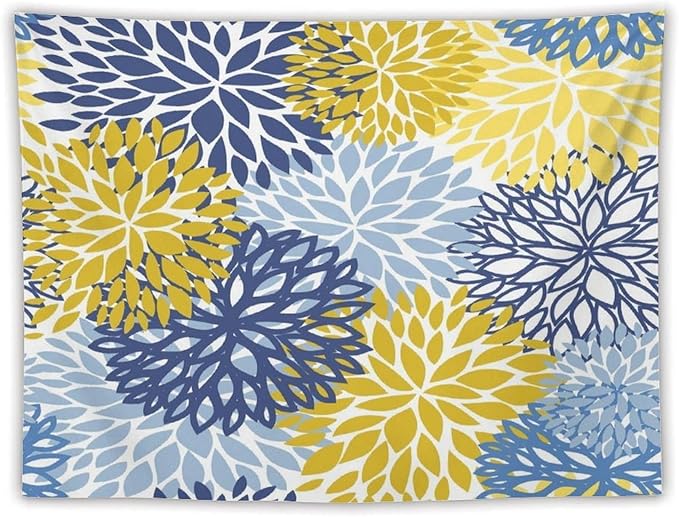 ZhiRain Blue Yellow Floral Tapestry Wall Hanging Boho Dahlia Chrisanthemum Flowers Pattern Tapestries Home Decor for Living Room Bedroom Farmhouse Apartment Dorm 60"x80"