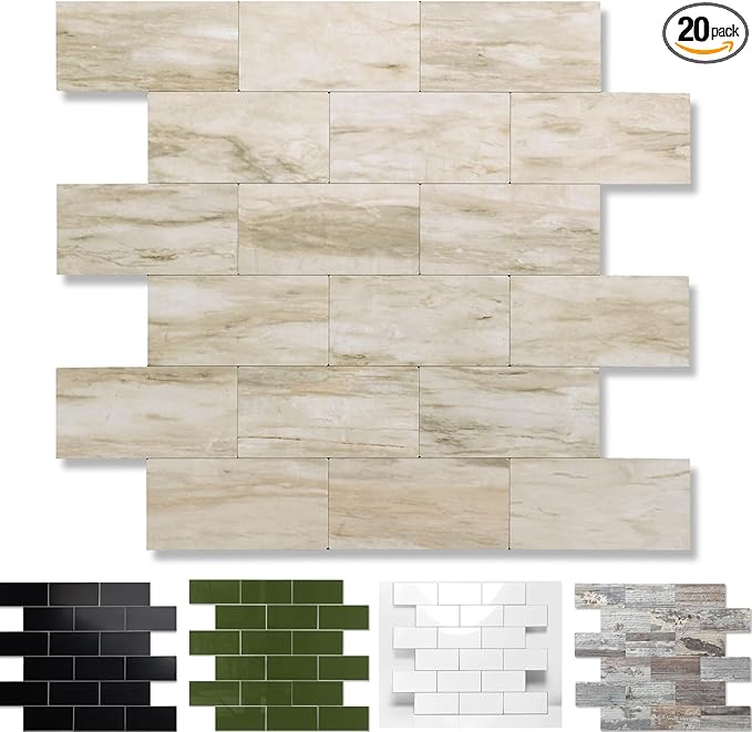 20-Pack Peel and Stick Tile Backsplash 12"X12" PVC Wall Tiles, Stick on Backsplash for Kitchen, Bathroom Tile, Fireplace Décor, Laundry Table, Stair Decals in Light Beige Stone