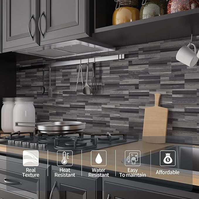 Yipscazo Peel and Stick backsplash 3 x 6 Inches 3D PVC Composite Wall Tile Stick on Backsplash Tile for Kitchen Bathroom, Laundry Room, Fireplace(Black Wood, 32 Pieces)