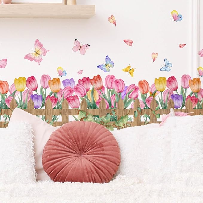2 Pieces Tulips Wall Decals Vinyl Flowers Wall Stickers Removable Floral Art Murals Peel and Stick Colorful Tulips Fence Butterfly Decor for Girls Bedroom Living Room Nursery