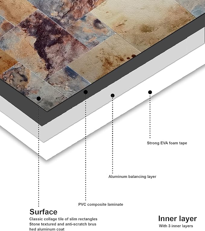 YMMXGE 5-Sheet Peel and Stick Backsplash Stone Tiles, Brushed Aluminum PVC Surface Metal Mosaic Sticker for Kitchen Wall (11.81"x11.81"Per Sheet) (5, Golden & Brown)