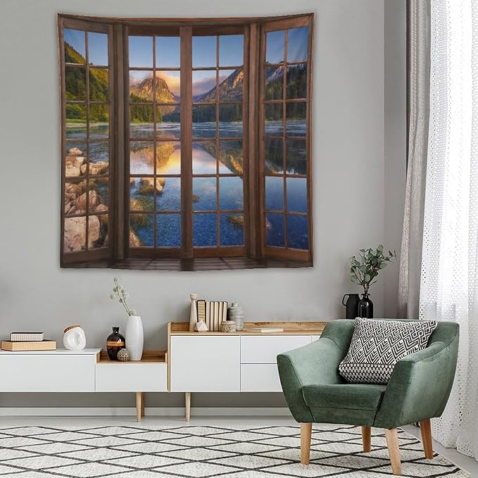 ZhiRain Mountain Scenery Tapestry Wall Hanging Through The Window Beautiful Lake Landscape Tapestries Home Decor for Living Room Bedroom Apartment Farmhouse Dorm 60"x60"