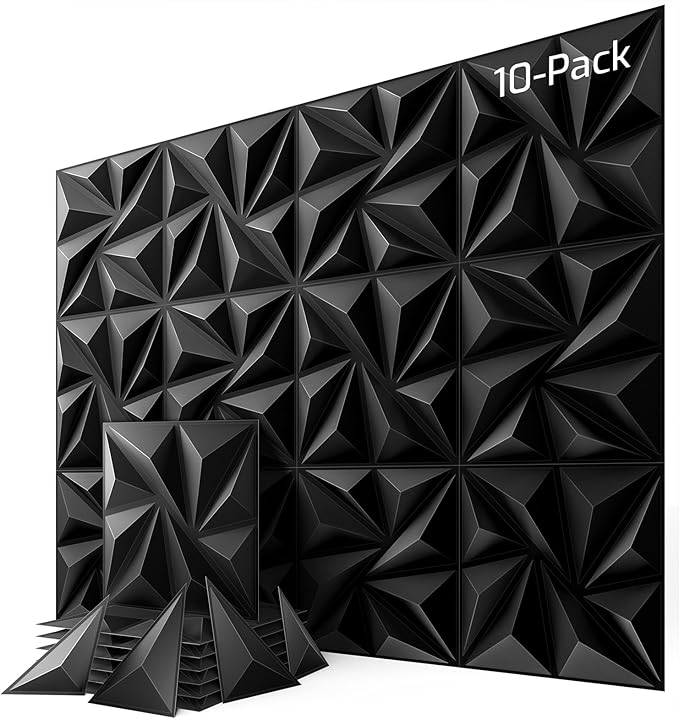 10-Pack 3D Wall Panels, 59" x 23" Textured Geometric Design Wall Tiles, PVC Decorative Wall Panels for Living Room, Bedroom, Bathroom, Office, Modern Wall Decor, Easy Install & Paintable - Black