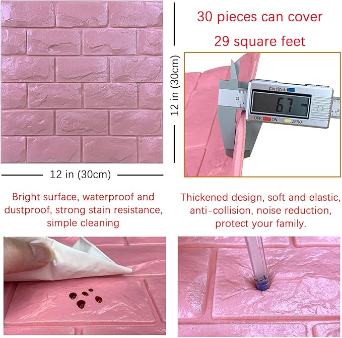 30PCS 3D Wall Panels Peel and Stick Faux Brick Wallpaper Pink Self Adhesive Foam Brick Paneling Faux Stone Wall Panels (30PCS, Pink)