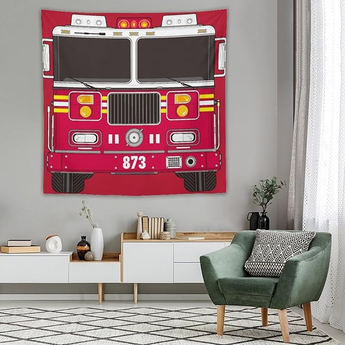 ZhiRain Cartoon Fire Truck Tapestry Wall Hanging Fire Engine Firemen Car Firefighter Truck Fire Fighting Tapestries Home Decor for Living Room Bedroom Apartment Farmhouse Dorm 60"x60"