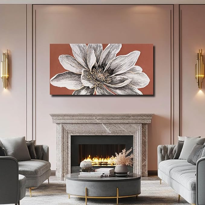 ZHENGYIN Floral Canvas Wall Art, Textured White Flower Painting with Terracotta Warm Tones, Rustic Modern Farmhouse Wall Decor for Living Room Bedroom, Above Sofa, 24x48 Inch