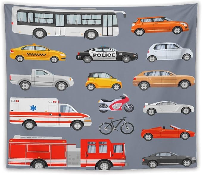 ZhiRain Transportation Tapestry Wall Hanging Various Vehicles Cartoon Cars Bus Police Car, Ambulance Tapestries Home Decor for Living Room Bedroom Apartment Farmhouse Dorm 50"x60"